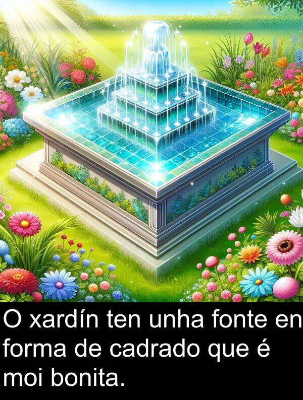 forma: O xardín ten unha fonte en forma de cadrado que é moi bonita.