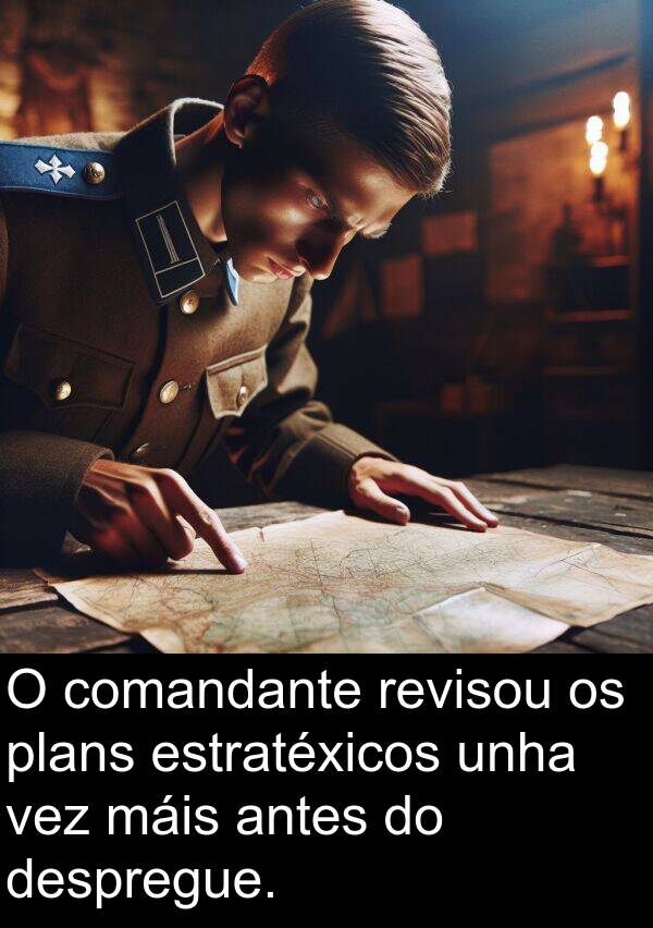 revisou: O comandante revisou os plans estratéxicos unha vez máis antes do despregue.