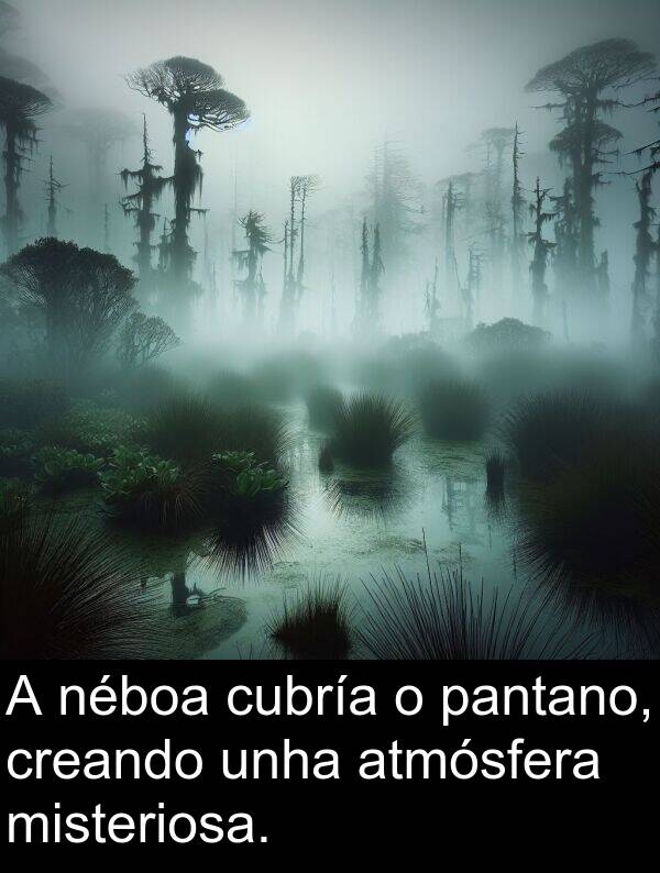 cubría: A néboa cubría o pantano, creando unha atmósfera misteriosa.