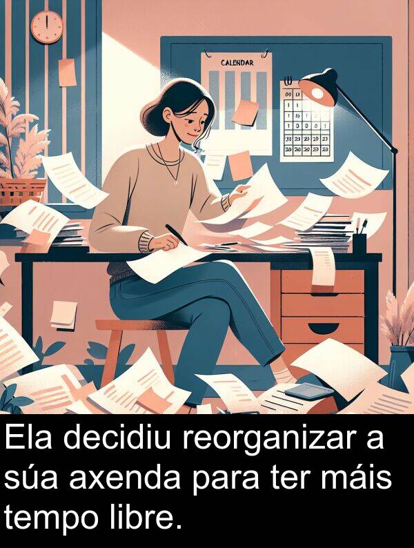 reorganizar: Ela decidiu reorganizar a súa axenda para ter máis tempo libre.