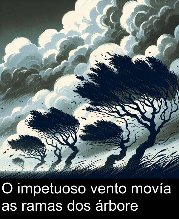 ramas: O impetuoso vento movía as ramas dos árbore
