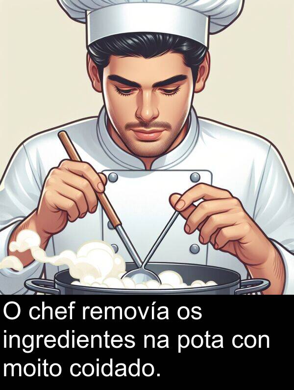 removía: O chef removía os ingredientes na pota con moito coidado.