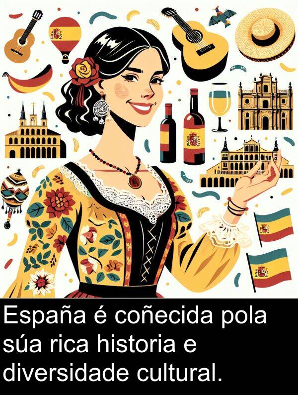 rica: España é coñecida pola súa rica historia e diversidade cultural.