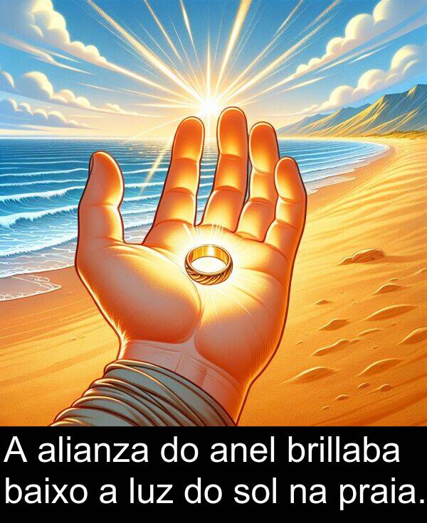 brillaba: A alianza do anel brillaba baixo a luz do sol na praia.