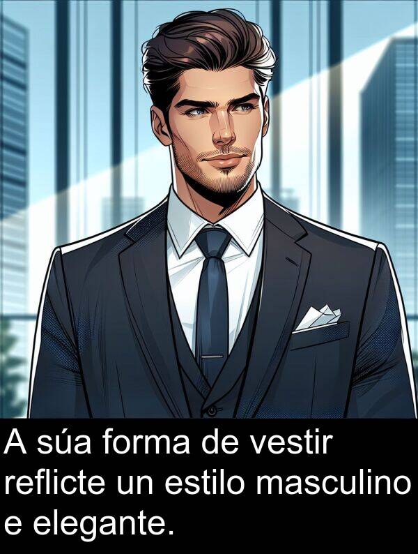reflicte: A súa forma de vestir reflicte un estilo masculino e elegante.
