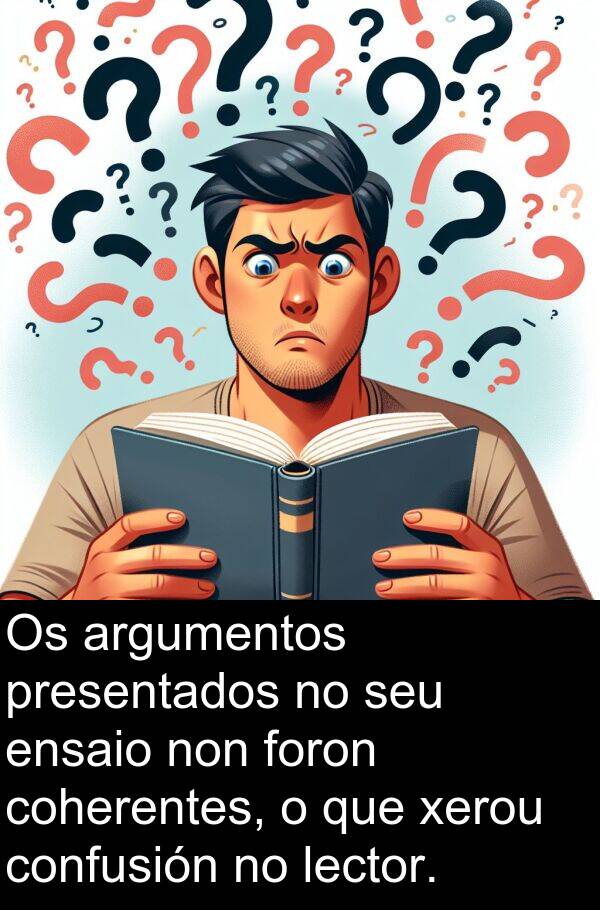 foron: Os argumentos presentados no seu ensaio non foron coherentes, o que xerou confusión no lector.