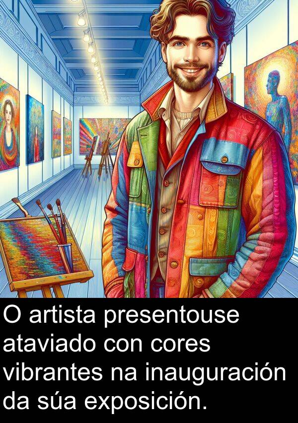 cores: O artista presentouse ataviado con cores vibrantes na inauguración da súa exposición.