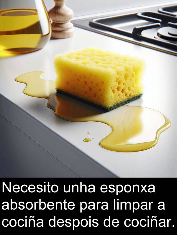 esponxa: Necesito unha esponxa absorbente para limpar a cociña despois de cociñar.