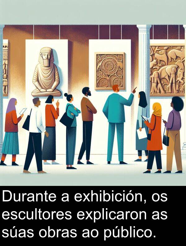 escultores: Durante a exhibición, os escultores explicaron as súas obras ao público.