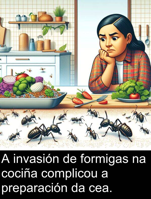 formigas: A invasión de formigas na cociña complicou a preparación da cea.