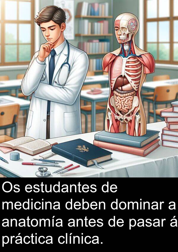 medicina: Os estudantes de medicina deben dominar a anatomía antes de pasar á práctica clínica.