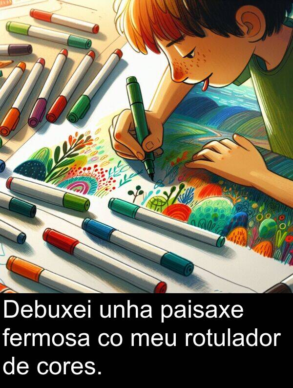 cores: Debuxei unha paisaxe fermosa co meu rotulador de cores.