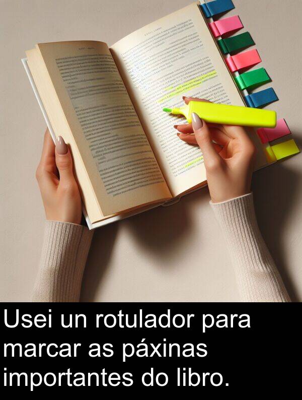 marcar: Usei un rotulador para marcar as páxinas importantes do libro.