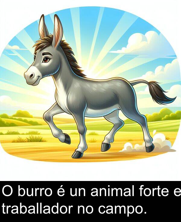 burro: O burro é un animal forte e traballador no campo.