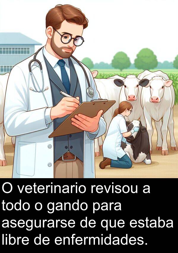 revisou: O veterinario revisou a todo o gando para asegurarse de que estaba libre de enfermidades.