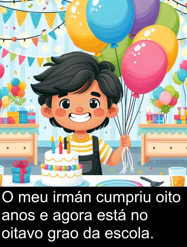 grao: O meu irmán cumpriu oito anos e agora está no oitavo grao da escola.
