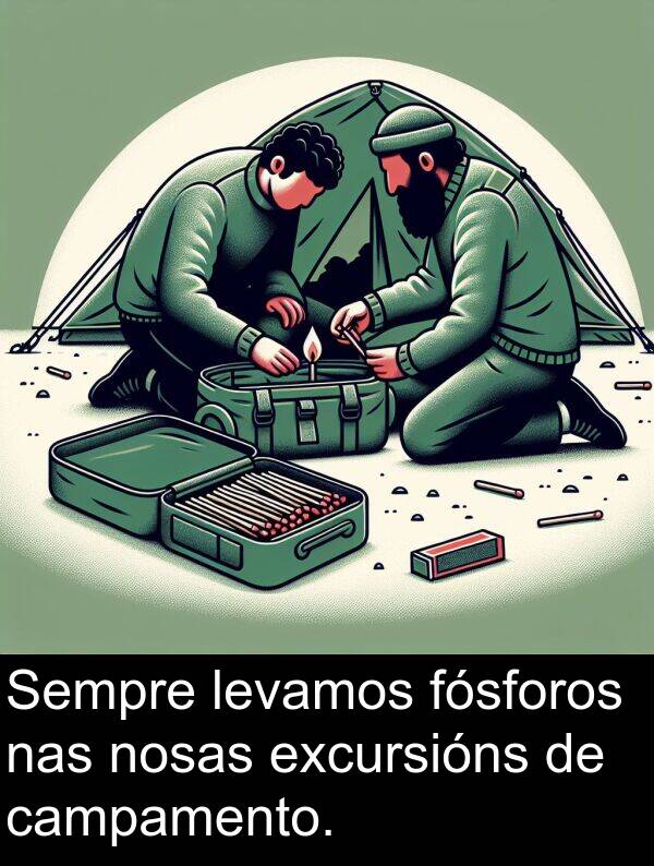 fósforos: Sempre levamos fósforos nas nosas excursións de campamento.