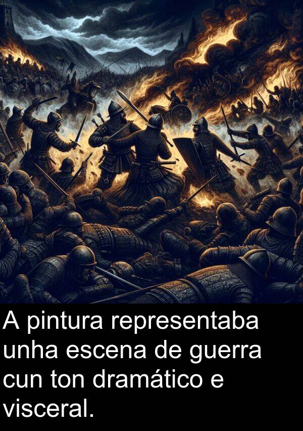 pintura: A pintura representaba unha escena de guerra cun ton dramático e visceral.