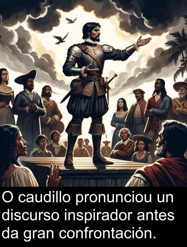 discurso: O caudillo pronunciou un discurso inspirador antes da gran confrontación.