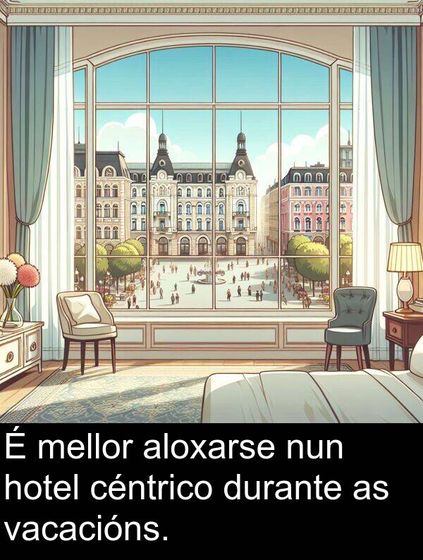 durante: É mellor aloxarse nun hotel céntrico durante as vacacións.