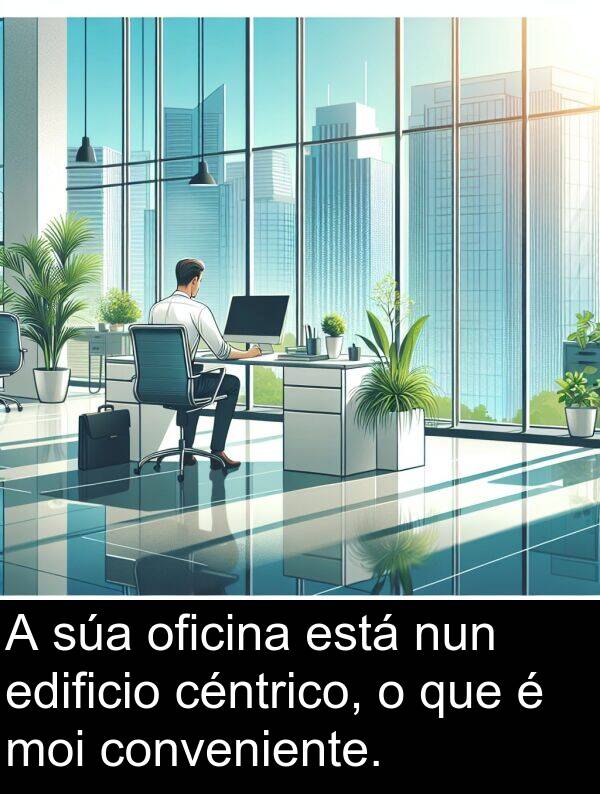 edificio: A súa oficina está nun edificio céntrico, o que é moi conveniente.
