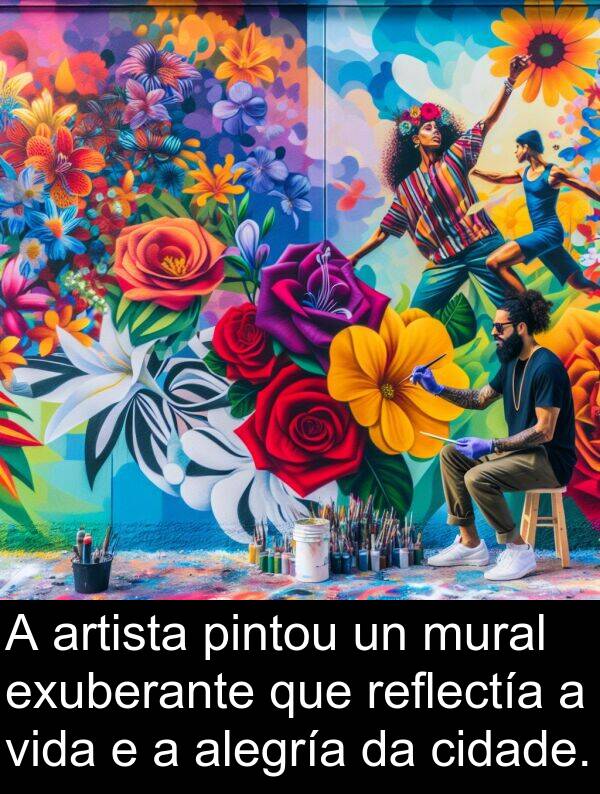 alegría: A artista pintou un mural exuberante que reflectía a vida e a alegría da cidade.
