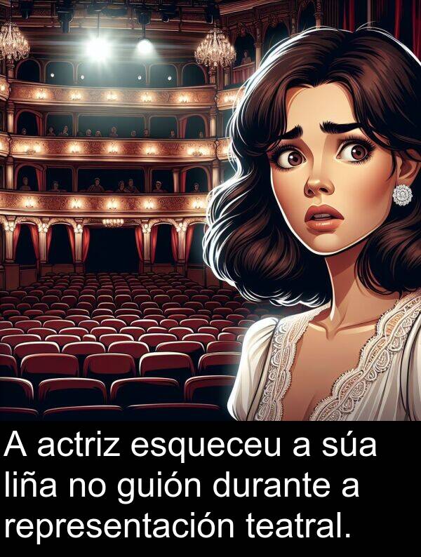 representación: A actriz esqueceu a súa liña no guión durante a representación teatral.