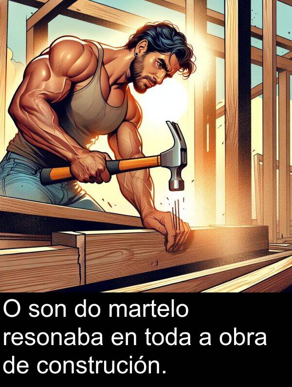 resonaba: O son do martelo resonaba en toda a obra de construción.