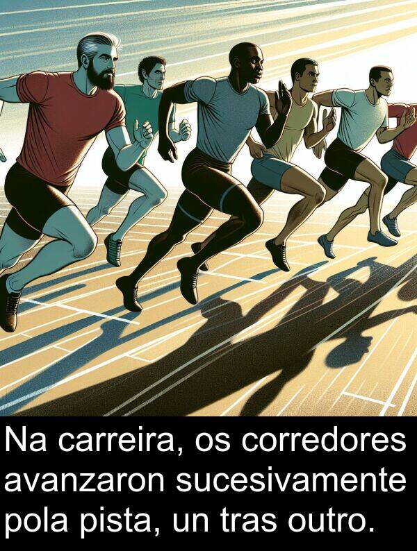pista: Na carreira, os corredores avanzaron sucesivamente pola pista, un tras outro.