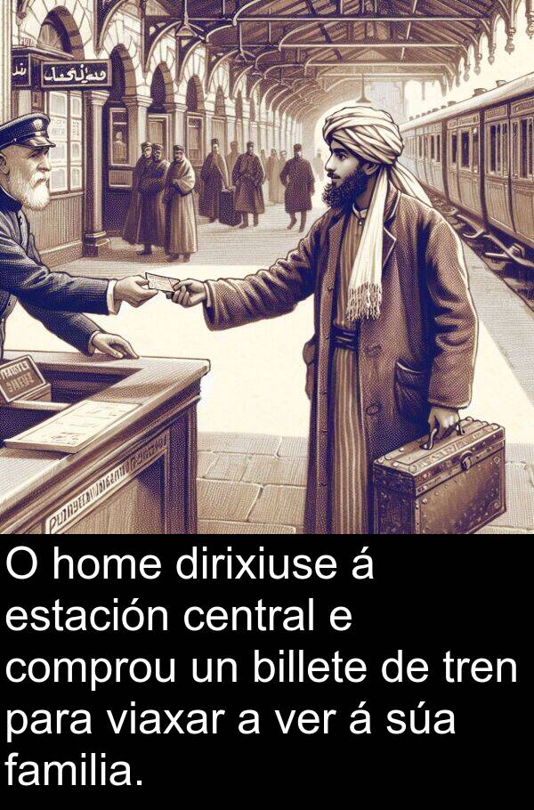 tren: O home dirixiuse á estación central e comprou un billete de tren para viaxar a ver á súa familia.