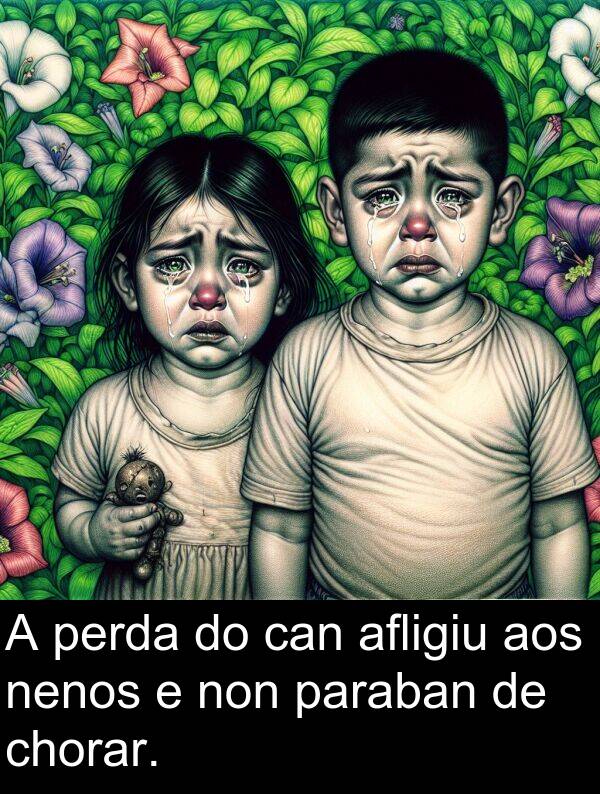chorar: A perda do can afligiu aos nenos e non paraban de chorar.