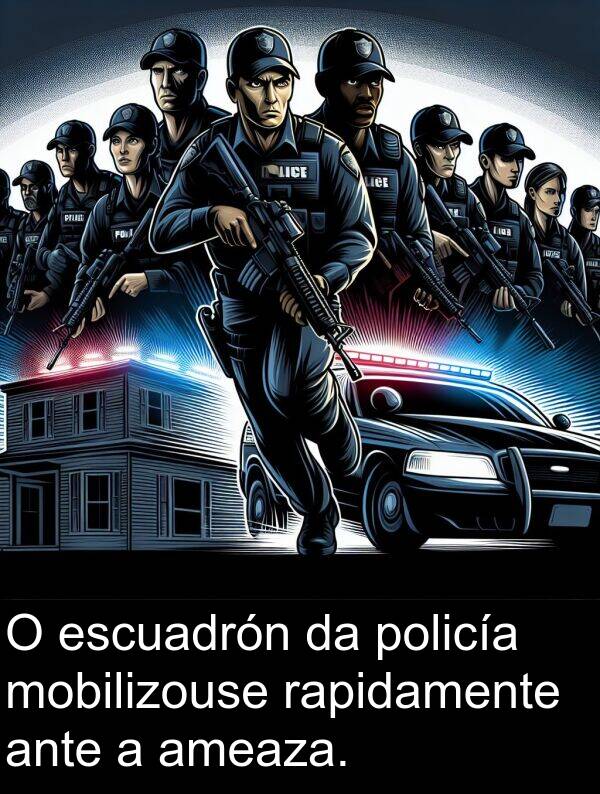 rapidamente: O escuadrón da policía mobilizouse rapidamente ante a ameaza.
