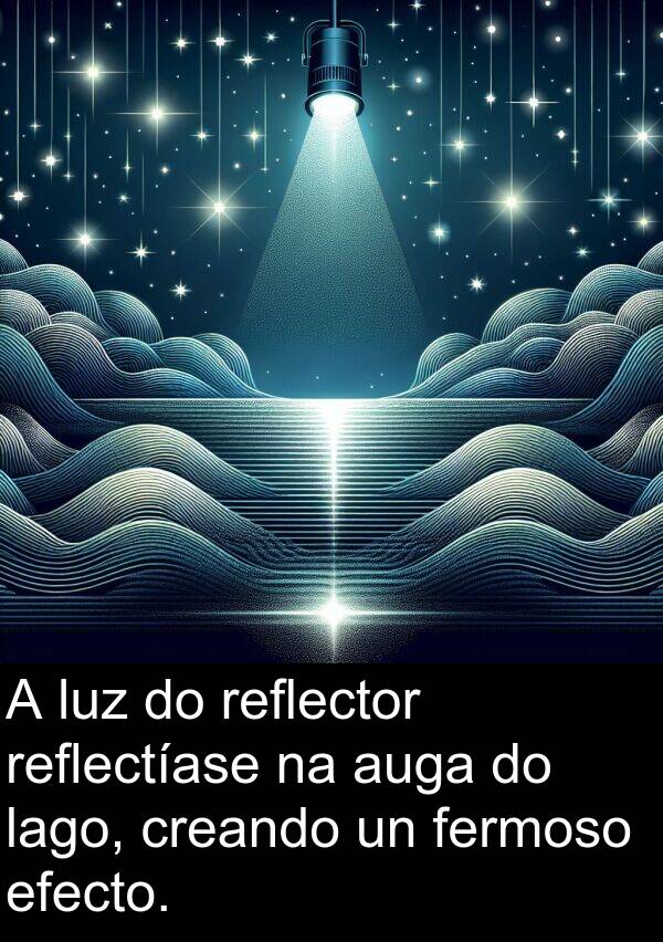 reflector: A luz do reflector reflectíase na auga do lago, creando un fermoso efecto.