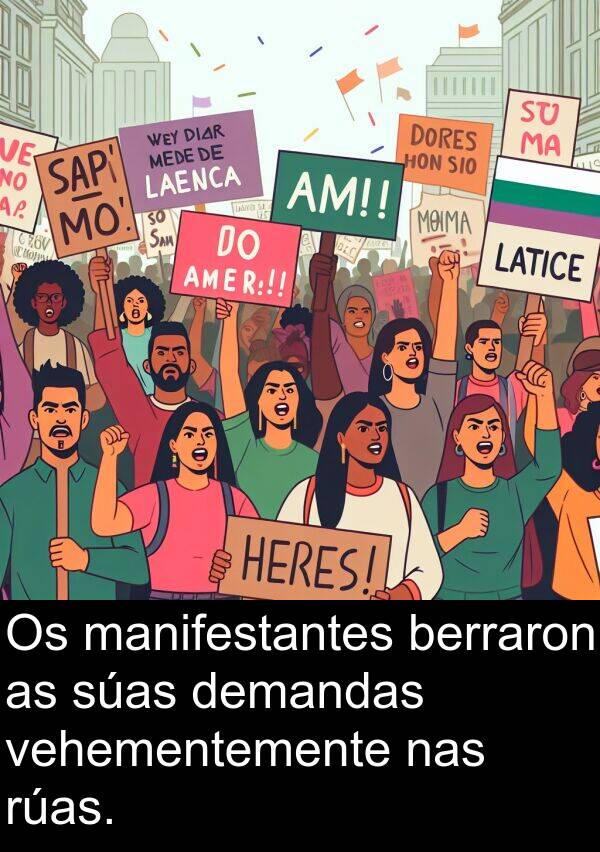rúas: Os manifestantes berraron as súas demandas vehementemente nas rúas.