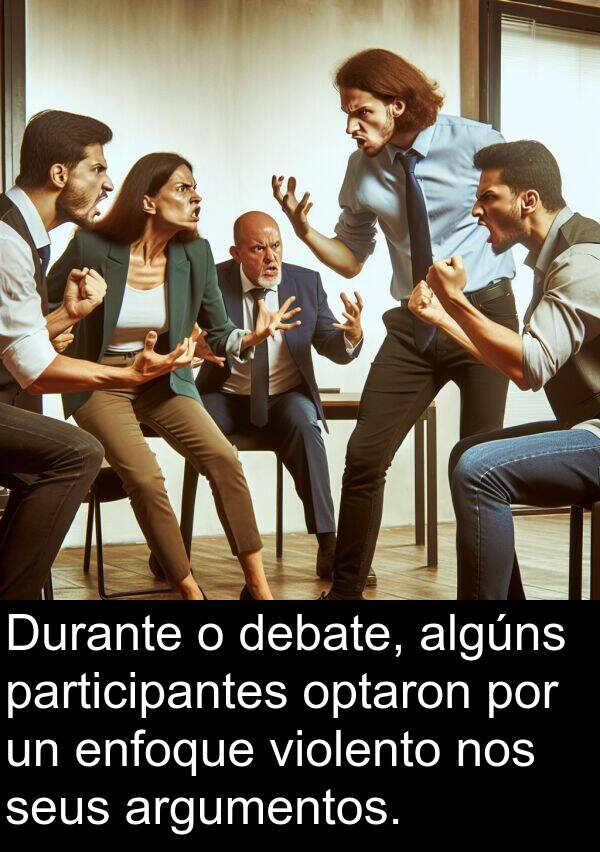 enfoque: Durante o debate, algúns participantes optaron por un enfoque violento nos seus argumentos.