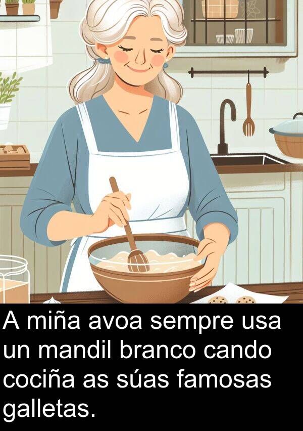 branco: A miña avoa sempre usa un mandil branco cando cociña as súas famosas galletas.