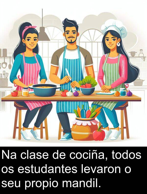 estudantes: Na clase de cociña, todos os estudantes levaron o seu propio mandil.