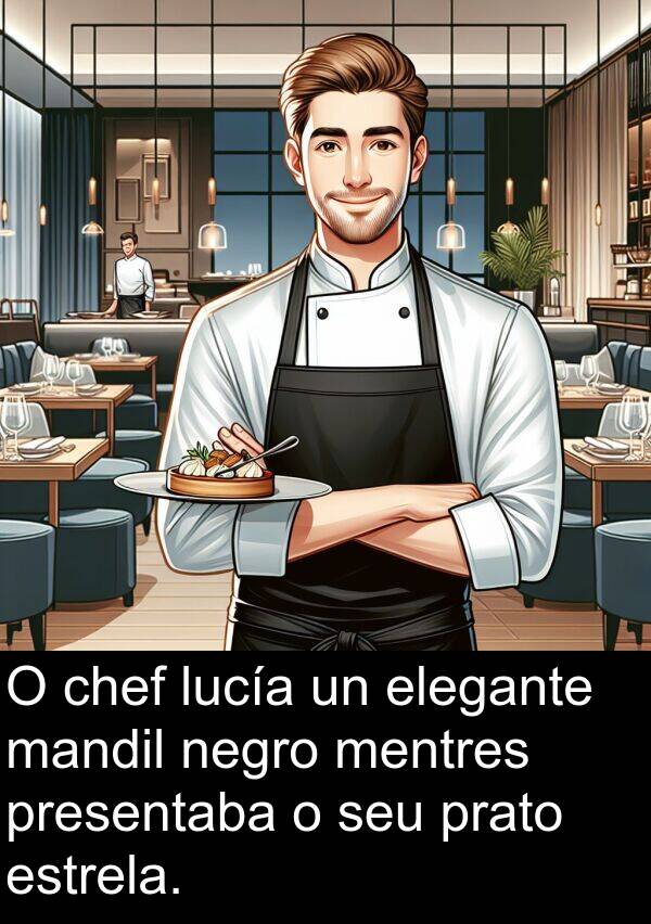 elegante: O chef lucía un elegante mandil negro mentres presentaba o seu prato estrela.
