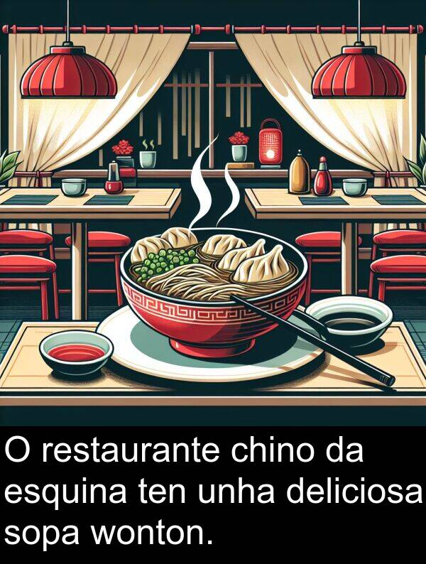 restaurante: O restaurante chino da esquina ten unha deliciosa sopa wonton.