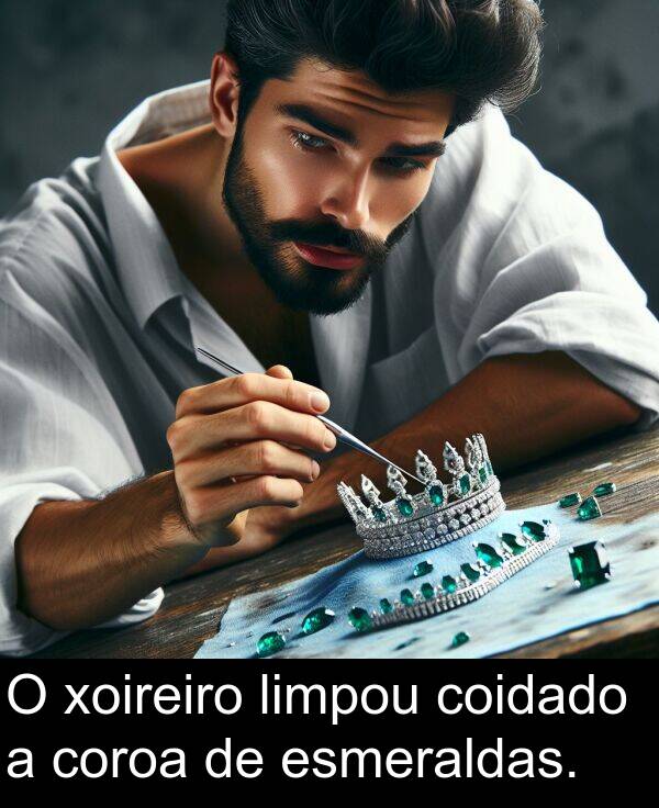 coroa: O xoireiro limpou coidado a coroa de esmeraldas.