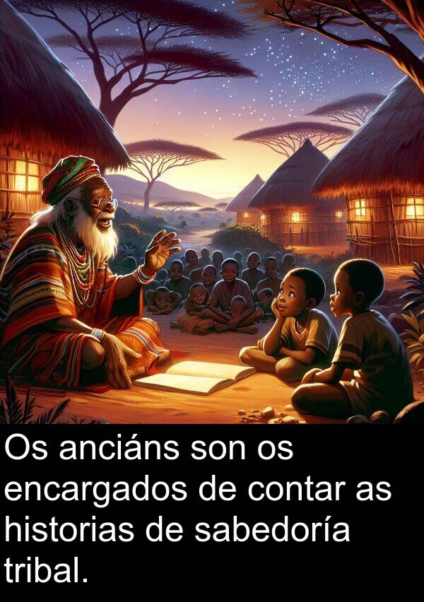 contar: Os anciáns son os encargados de contar as historias de sabedoría tribal.