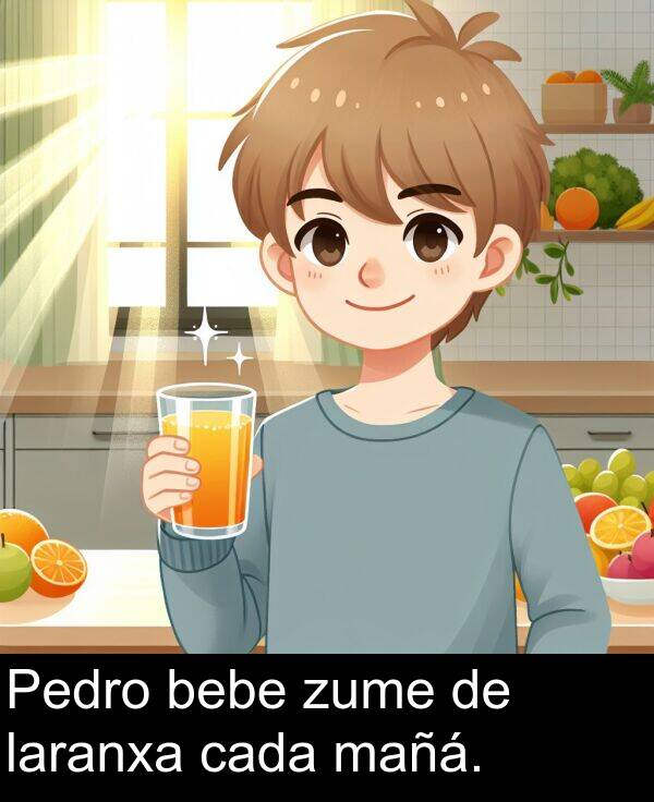 bebe: Pedro bebe zume de laranxa cada mañá.