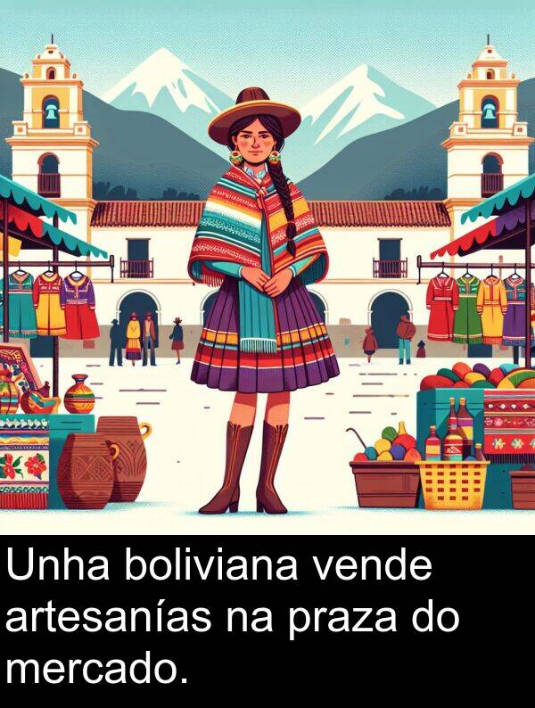 vende: Unha boliviana vende artesanías na praza do mercado.