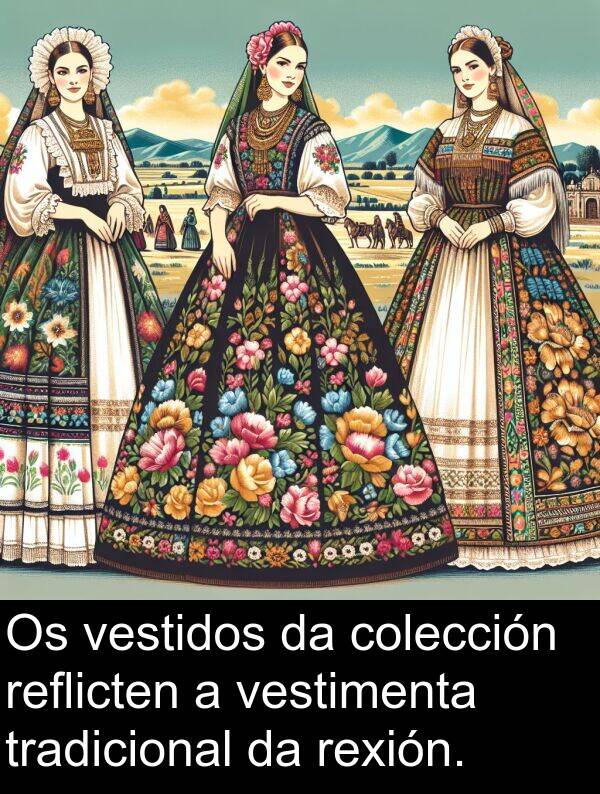 reflicten: Os vestidos da colección reflicten a vestimenta tradicional da rexión.