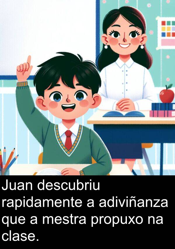 rapidamente: Juan descubriu rapidamente a adiviñanza que a mestra propuxo na clase.