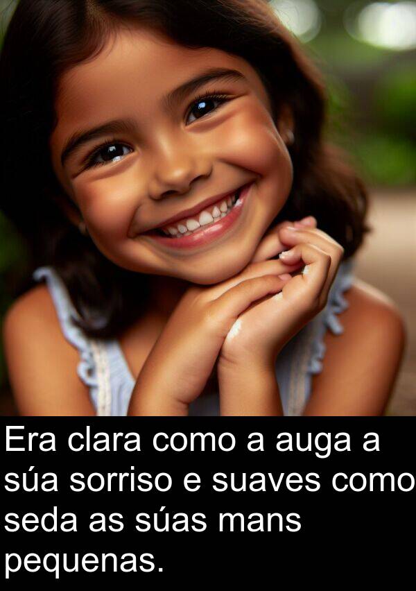 seda: Era clara como a auga a súa sorriso e suaves como seda as súas mans pequenas.