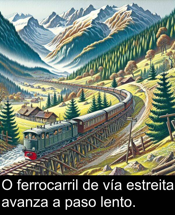 estreita: O ferrocarril de vía estreita avanza a paso lento.
