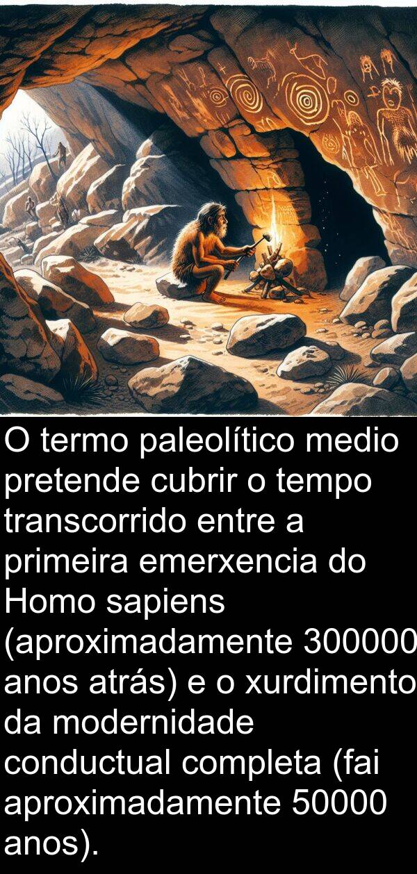 medio: O termo paleolítico medio pretende cubrir o tempo transcorrido entre a primeira emerxencia do Homo sapiens (aproximadamente 300000 anos atrás) e o xurdimento da modernidade conductual completa (fai aproximadamente 50000 anos).