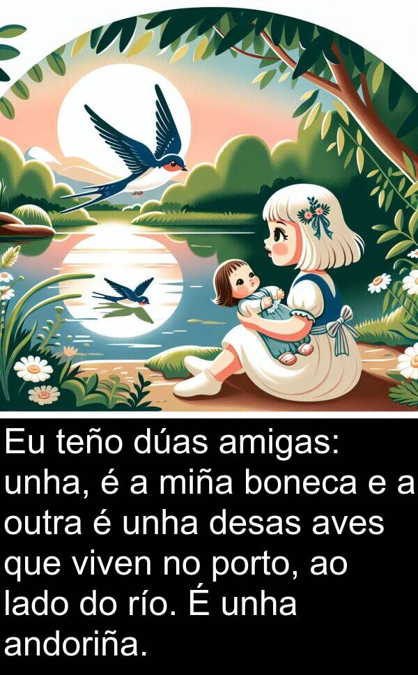 río: Eu teño dúas amigas: unha, é a miña boneca e a outra é unha desas aves que viven no porto, ao lado do río. É unha andoriña.