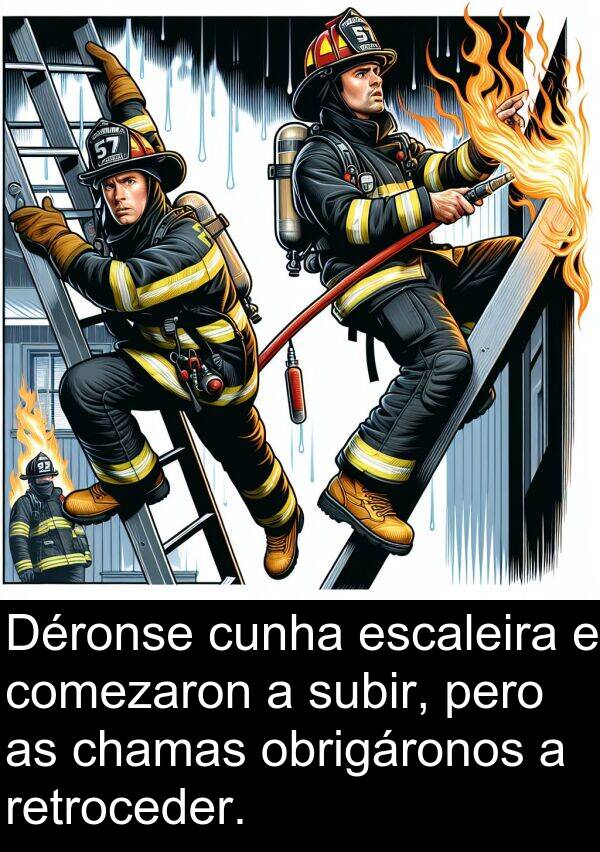 retroceder: Déronse cunha escaleira e comezaron a subir, pero as chamas obrigáronos a retroceder.